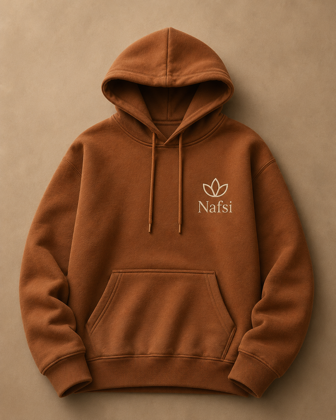 A brown pullover hoodie with a kangaroo pocket and drawstrings, featuring a small white embroidered lotus flower and the word 'Nafsi' on the left chest, displayed against a textured beige background.
