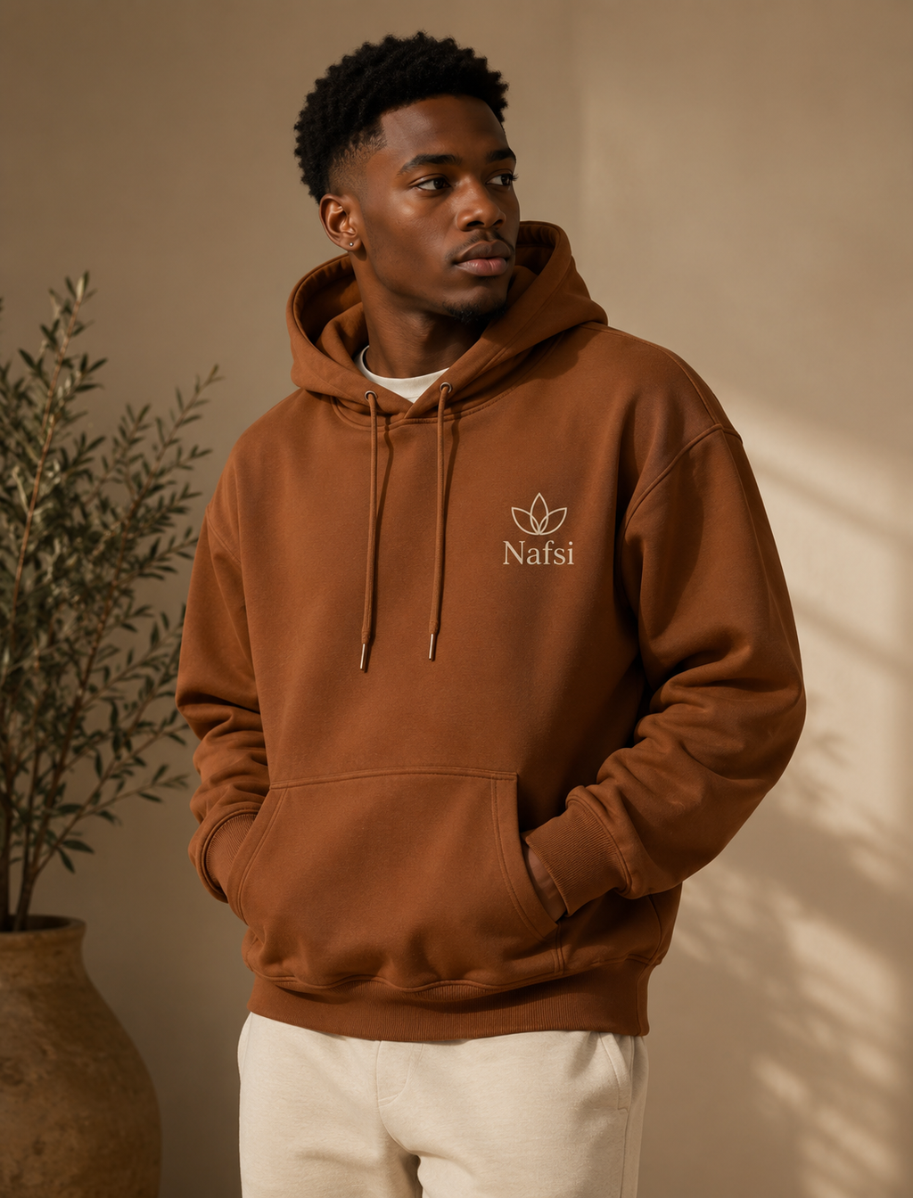 A man wearing a brown pullover hoodie with a white printed logo on the left chest that reads 'Nafsi' with a lotus design, paired with off-white pants, standing in a warm, sunlit room with a potted plant in the background.